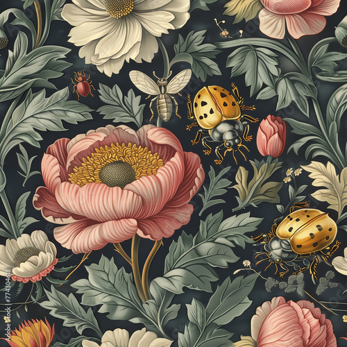Floral textile wallpaper on a dark background with ladybirds, bugs and flowers in the center. 