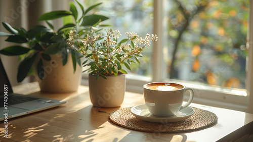 A minimalistic cappuccino is elegantly placed alongside a sleek laptop and a small potted plant in the background, setting a serene and productive ambiance.