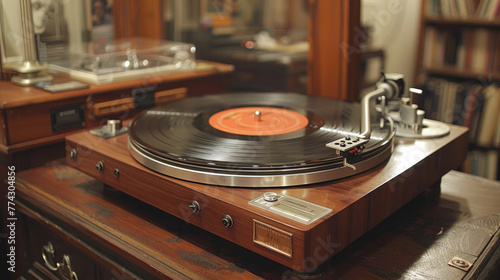 A vintage vinyl record spins elegantly on a classic turntable, evoking nostalgia and timeless musical vibes.