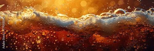 Close-up of beer in a glass, showcasing its bubbles, creates a captivating background. © tong2530