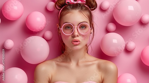 Young Woman Influencer in Pink Surrounded by Bubbles – Playful and Chic