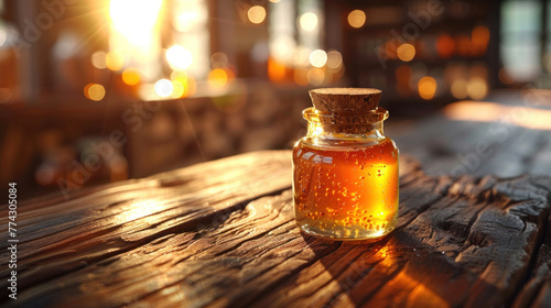 Close-up view shows a honey jar on a rustic wooden table, highlighting its rich golden color and inviting texture. photo
