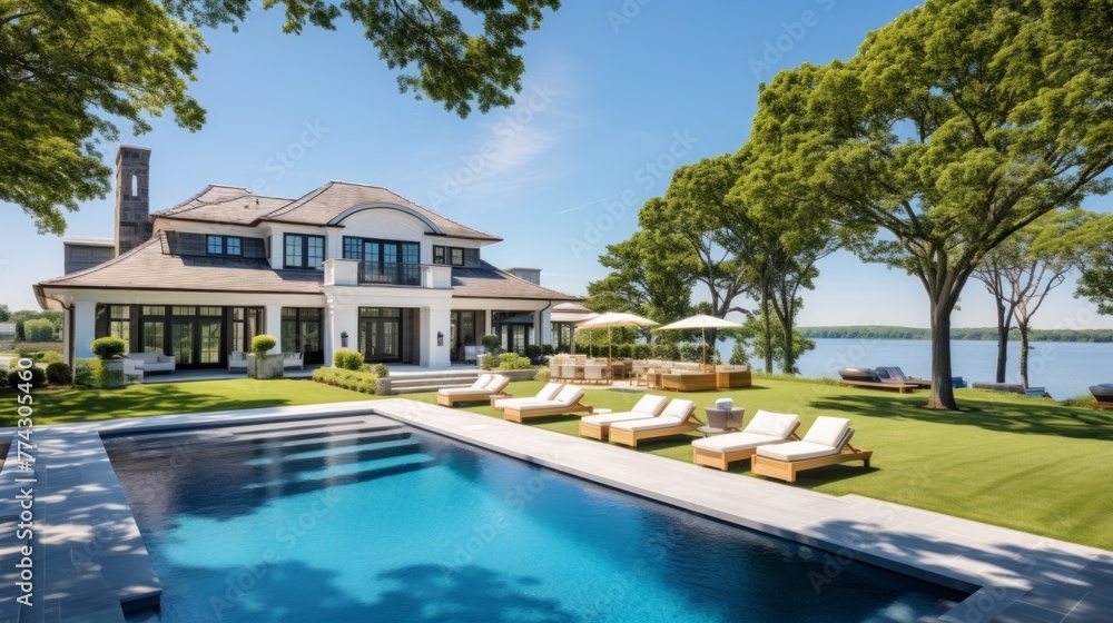 Fototapeta premium Mediterranean inspired villa with a sprawling garden and a private beach access in the exclusive Hamptons, New York