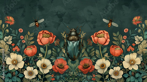 Floral textile wallpaper on a dark background with a beetle in the center. 