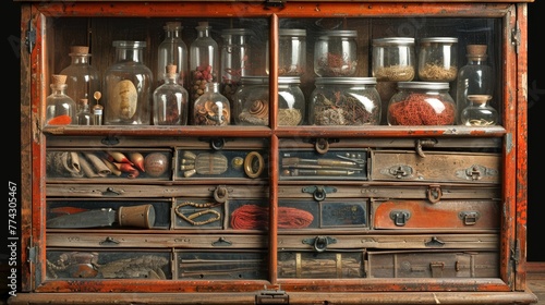 Vintage apothecary cabinet filled with jars and tools. Antique wooden drawer unit storing diverse objects. Concept of antiquity, collection, curiosity cabinet, historical decor.