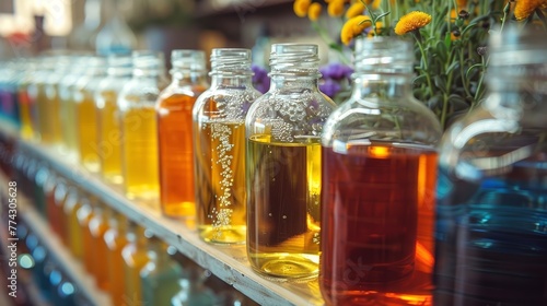 Row of clear bottles with colorful liquids on a botanical background. Glass containers filled with vibrant solutions and herbs. Concept of herbal extracts  natural essences  apothecary aesthetic