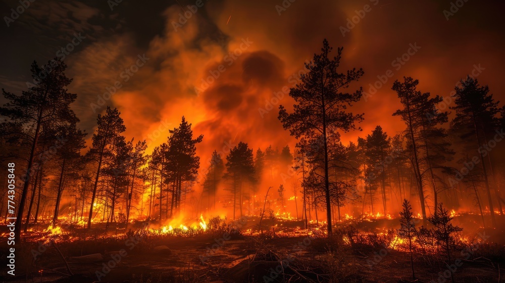 A wildfire at night, with flames consuming a forest and smoke billowing into the sky.