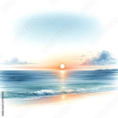 Serene Beach Sunrise - A tranquil sunrise over a calm sea with soft clouds and gentle waves.