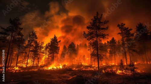 A wildfire at night  with flames consuming a forest and smoke billowing into the sky.