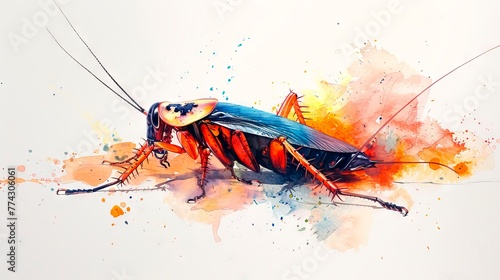 Insect in watercolor art style. A cockroach amidst vivid watercolor stains. Beetle. Concept of biological illustration, artistic representation, and colorful painting. Aquarelle