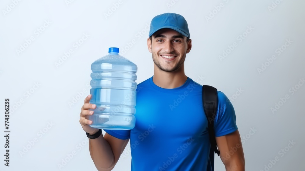 Smiling man in blue uniform holding large water bottle. Light background. Banner with copy space. Concept of water delivery, hydration service, drinking supply, and refreshment. Smiling man in blue uniform holding large water bottle. Light background. Banner with copy space. Concept of water delivery, hydration service, drinking supply, and refreshment.
