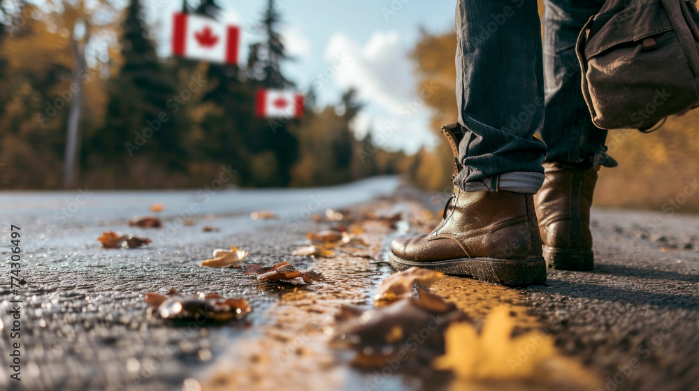 A man wearing boots and carrying a backpack stands on the pavement next to the Canadian flag and the border A man wearing boots and carrying a backpack stands on the pavement next to the Canadian flag and the border