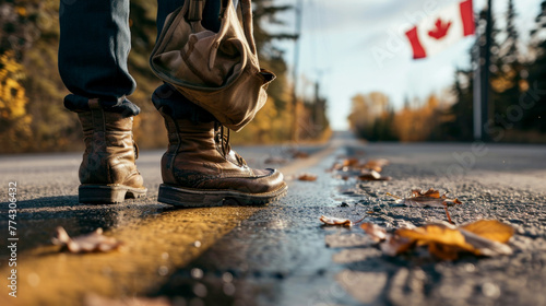 A man wearing boots and carrying a backpack stands on the pavement next to the Canadian flag and the border © Елена Тиханович