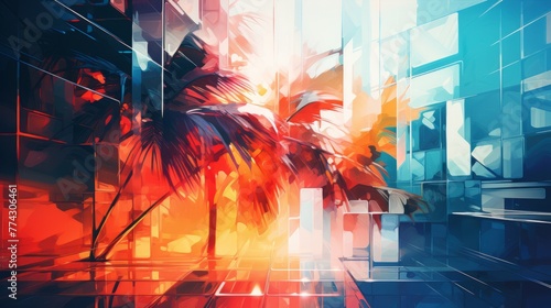 Abstract background with geometric shapes and tropical leaves, multiple exposure photo