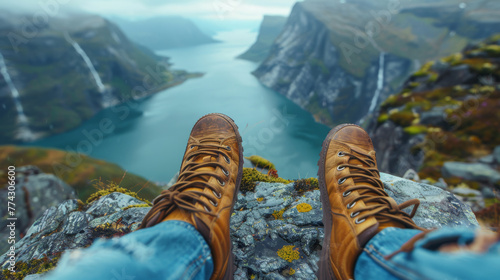Feet in hiking boots on top of a mountain overlooking the beautiful landscape of the bay and high cliffs.