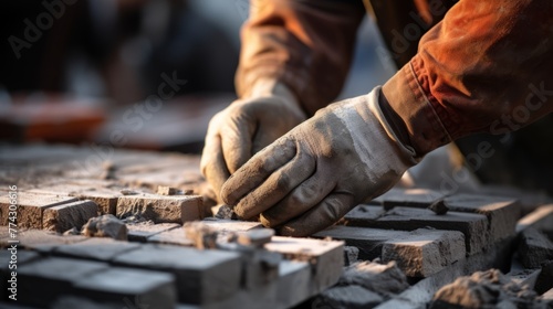 Close-up of the hands of an industrial bricklayer installing bricks on a construction site