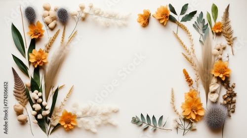 Frame flower dried plants for decoration flat lay on white background