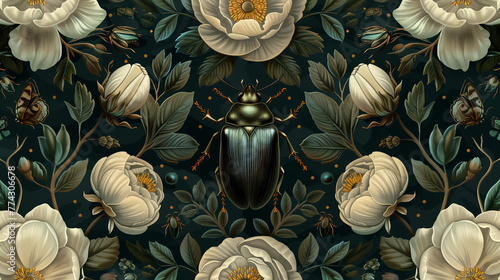 Floral textile wallpaper on a dark background with a beetle in the center and peonies around the outside
