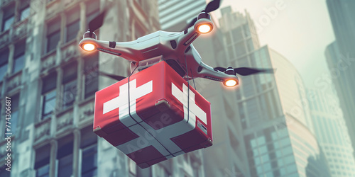 Drohne transportiert Rettungskoffer als erster Hilfe Koffer in der Zukunft, ai generativ