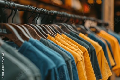 Colorful T-shirts on hangers. T-shirts in a store or closet for background.