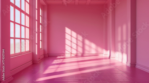 Empty pink room with large window for background and design.