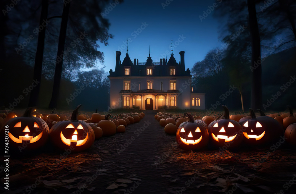 Mysterious castle house with sparkling pumpkins surrounding it during Halloween. Wallpaper, trick or treat Mysterious castle house with sparkling pumpkins surrounding it during Halloween. Wallpaper, trick or treat