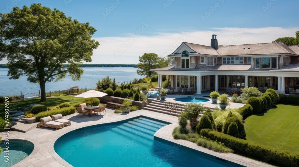 Mediterranean inspired villa with a sprawling garden and a private beach access in the exclusive Hamptons, New York