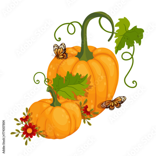 Autumn colorful composition with ripe pumpkins and autumn leaves, flowers, butterflies.Vector graphics.