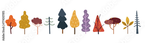 Set of decorative doodles of colorful autumn trees, fir trees.Vector graphics