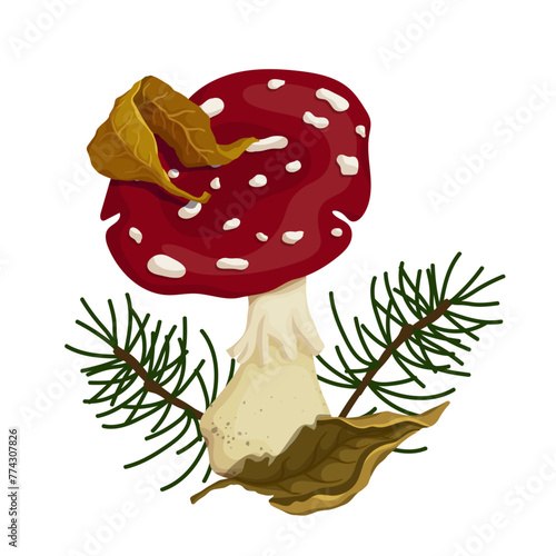 Colorful autumn compositions with fly agaric mushrooms, pine branches, autumn leaves.