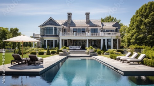 Mediterranean inspired villa with a sprawling garden and a private beach access in the exclusive Hamptons, New York photo