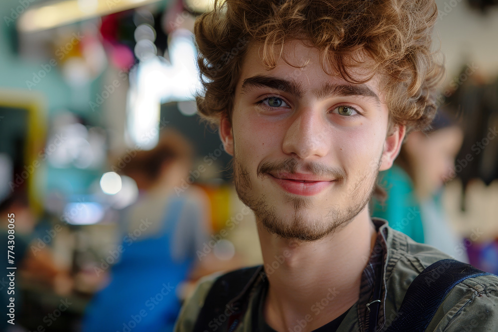 A young man with a beard and curly hair is smiling at the camera A young man with a beard and curly hair is smiling at the camera