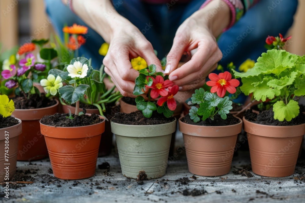 Gardener hands-taking pot with blooming flowers for home gardening, eco-friendly, summer garden, spring