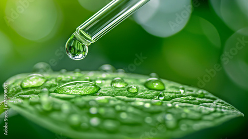 A drop of oil on the tip of a pipette drips onto a green leaf, close-up