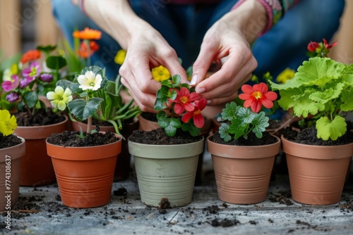 Gardener hands-taking pot with blooming flowers for home gardening, eco-friendly, summer garden, spring