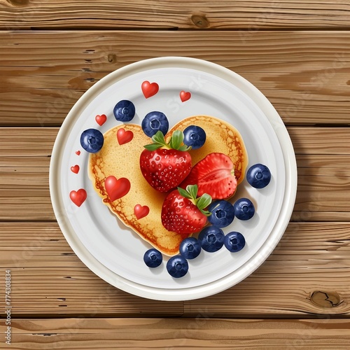 Strawberry & Blueberry Pancake in Shape of Heart on White Plate