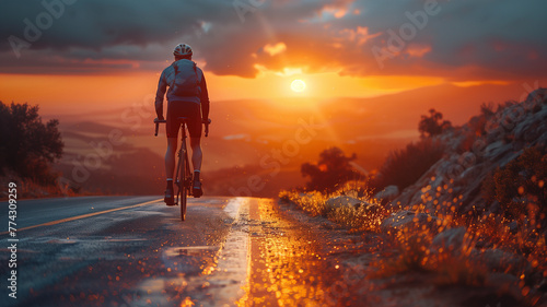 A cyclist silhouetted against a vibrant sunrise, riding on a serene country road, shadows stretching long on the pavement