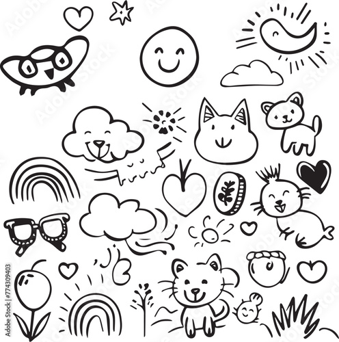 Cute kid scribble doodle icons set thin line icon