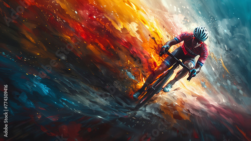 A silhouette of a cyclist forging ahead, with a vibrant splash of abstract colors trailing behind, symbolizing speed and motion