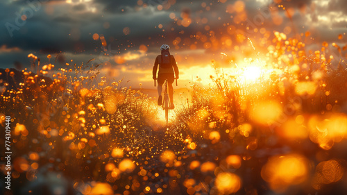 An early evening ride, a cyclist's figure highlighted by the golden sun dipping below the horizon, surrounded by the serene wilderness
