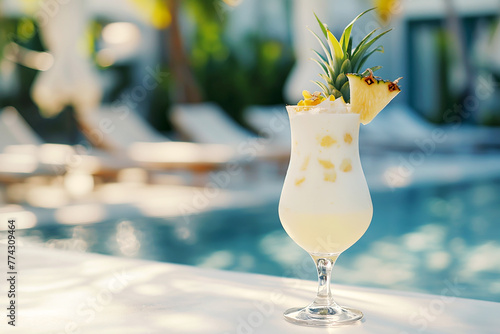 Pina colada cocktail in a glass on a white concrete surface against the background of a luxury tropical hotel