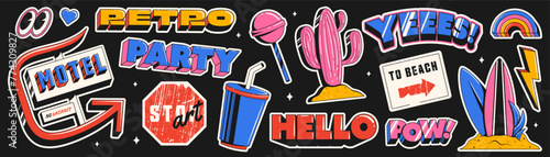 A set of retro stickers on a black background. Vintage comic book style words, retro summer vibe and trip elements.