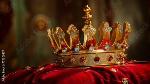 A grand, golden crown adorned with jewels on a red velvet cushion, symbolizing the royal treatment for a birthday king or queen.