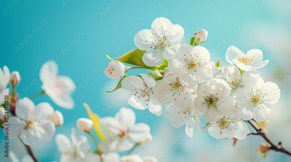 Spring Blossoms: Close-up of Cherry Blossoms with Blue Sky Background Generative AI