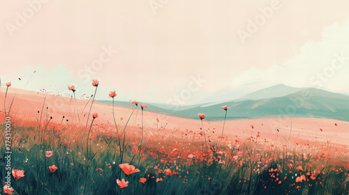 Pintura de um campo de flores com montanhas ao fundo, em tons suaves de pêssego pastel e cores neutras, transmitindo uma atmosfera serena e harmoniosa