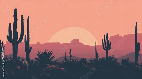 Fim de tarde no deserto, com silhuetas escuras de cactos e um pôr do sol em tons de laranja e pêssego pastel, criando uma atmosfera serena e encantadora photo