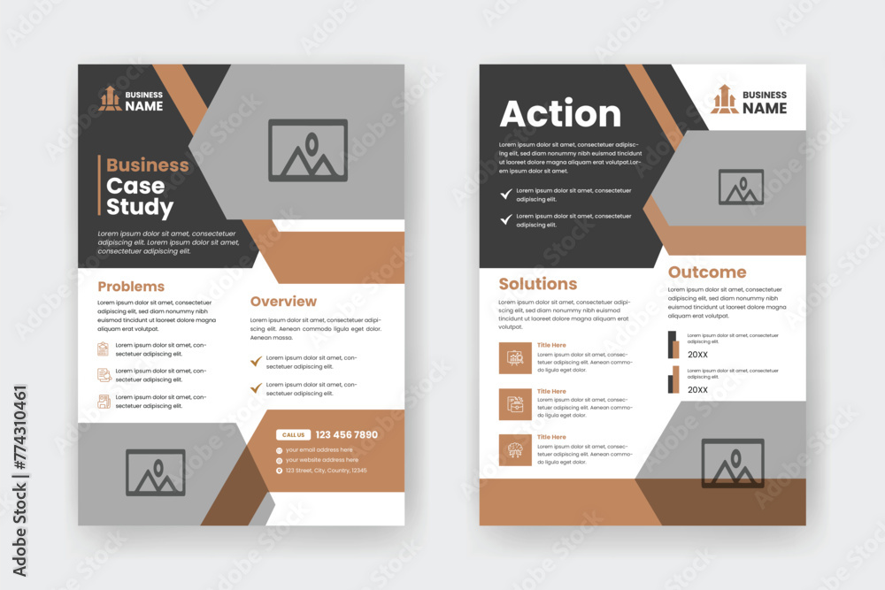 Case Study Layout Flyer. Minimalist Business Report with Simple Design. Beige Color Accent.
