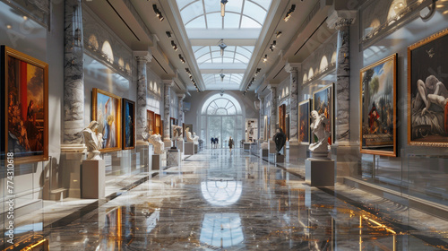 Museum hall interior with paintings, marble statues and shiny floor, expensive classical design. Theme of art, modern luxury gallery, room, history. © Natalya