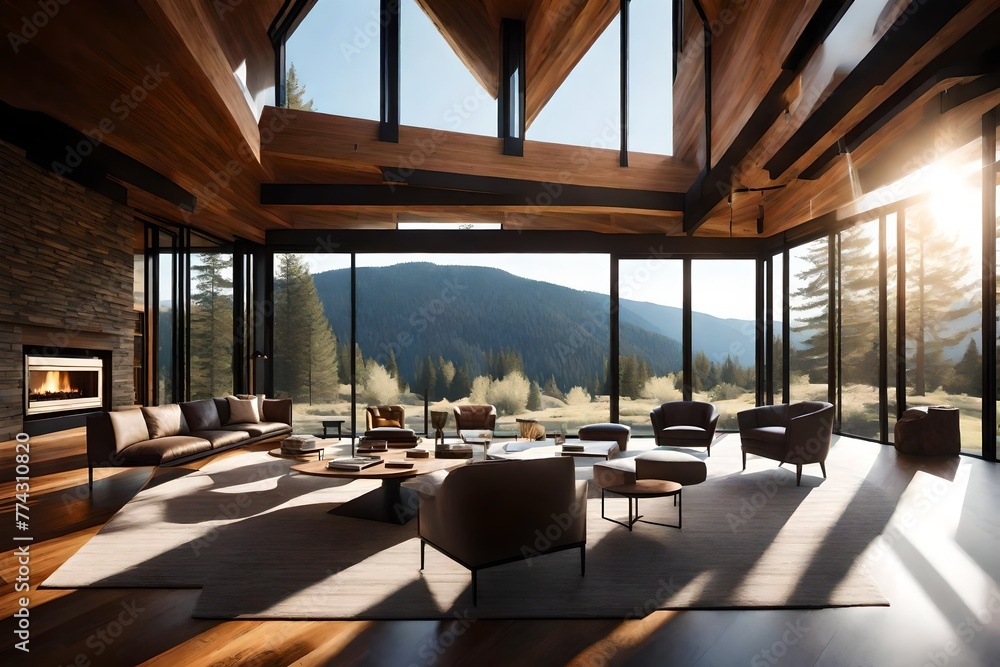 Contemporary mountain house interior with sunlight