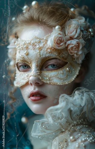 Venetian Mask with Floral Accents and Pearls on Elegant Woman